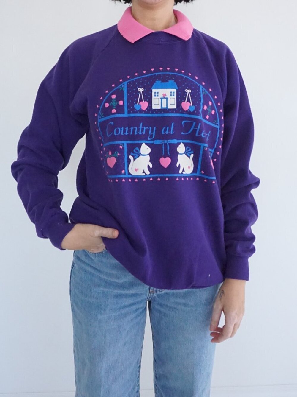 Vintage Gopher Sport Purple Collared Sweatshirt Country Hearts House Cat XL